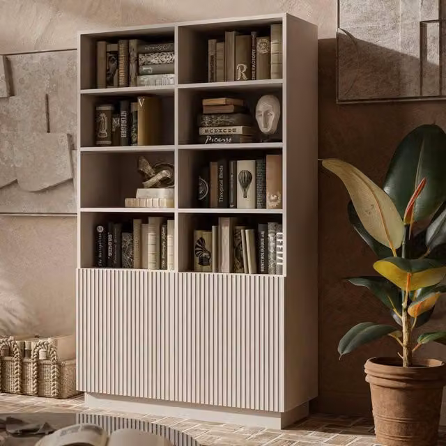 Libreria Miniato DMORA con vani aperti e due ante, Design moderno e minimale, Beige, L: 172 cm, P: 40 cm, H: 100 cm