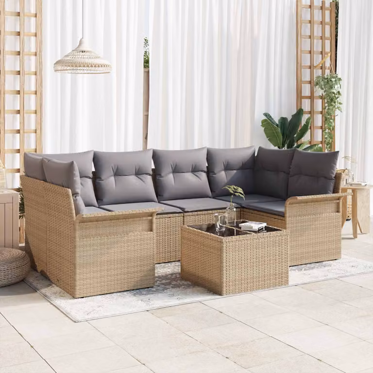 Set Divano da Giardino vidaXL a L per 6 Persone con Tavolino, 7 Pezzi, Beige e Grigio