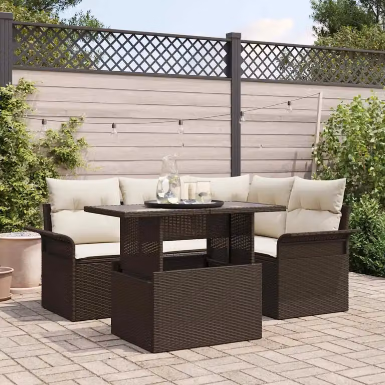 Set Divano da Giardino a L vidaXL 5 Pezzi Marrone con Cuscini e Tavolino in Polyrattan e Acciaio