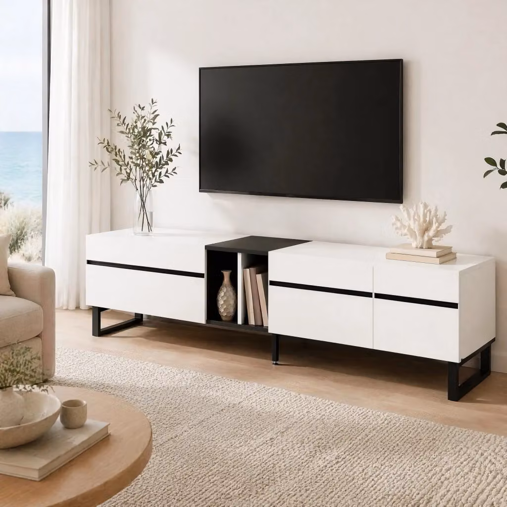 Mobile TV Mivray moderno in legno bianco con vano a ribalta idraulica, vano aperto e 2 vani chiusi L: 180 cm, P: 38 cm, H: 45 cm – 2