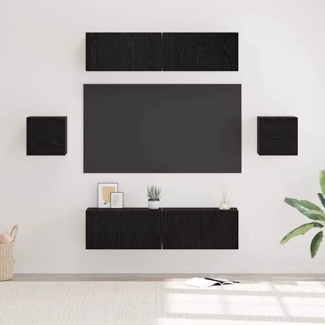 Set mobile TV 6 pz-Credenza per TV Rovere Nero Legno multistrato 203049