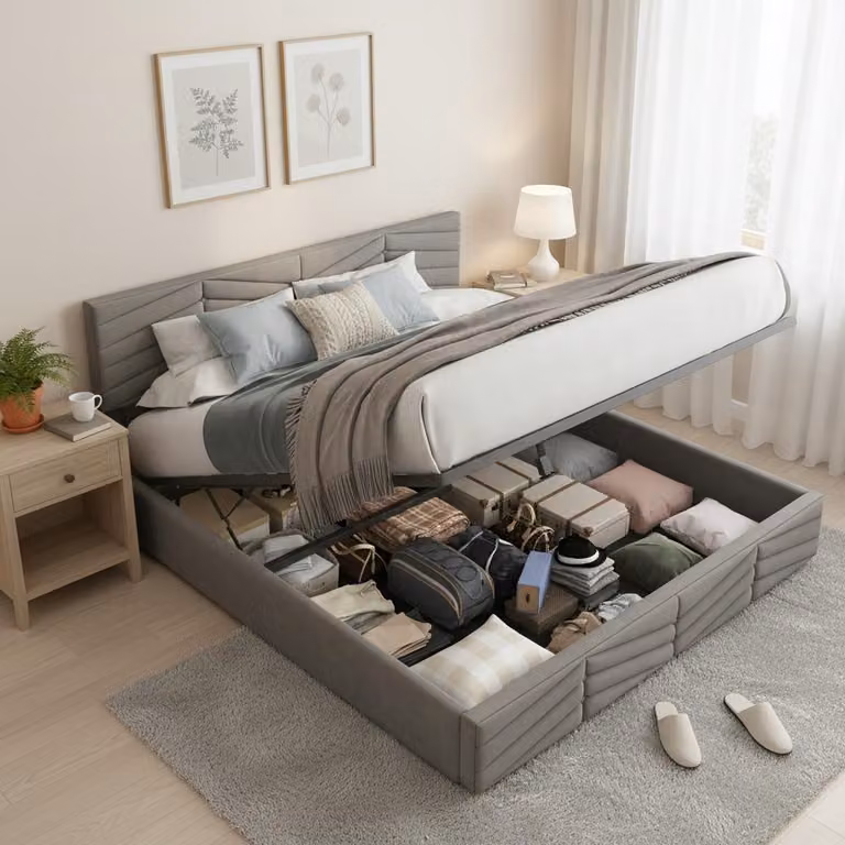 Letto imbottito in tessuto, dimensioni 140 x 200 cm, con contenitore a sollevamento idraulico, testiera regolabile in altezza di 5 cm, dettagli con bottoni e strisce sulla testiera e sulla pediera, colore grigio
