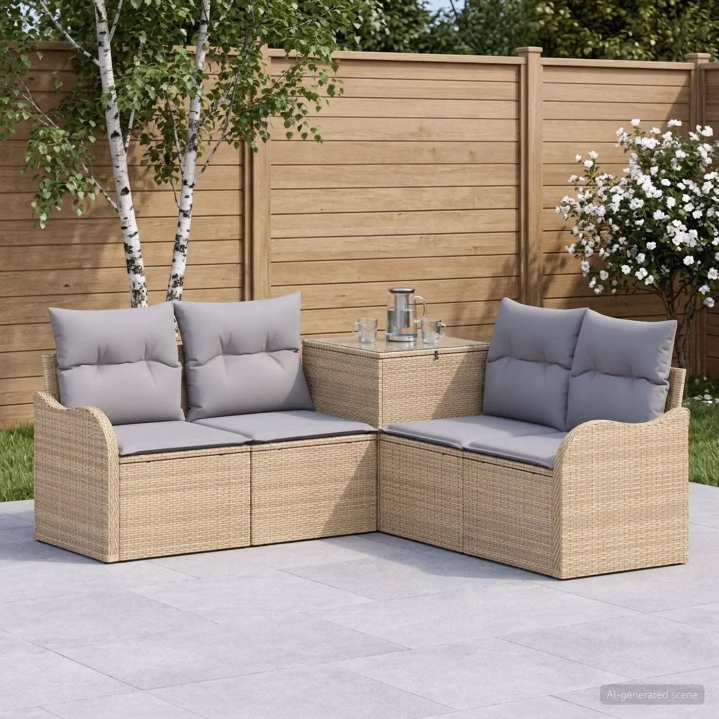Set di divani da giardino vidaXL in polyrattan con struttura in metallo, forma a L con orientamento a sinistra, colore beige e grigio, comprensivo di cuscini e pouf