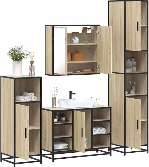 Set di mobili da bagno industrial vidaXL composto da 4 pezzi in legno e MDF colore marrone con armadietto specchio, mobile lavabo, mobile laterale e colonna alta – 1