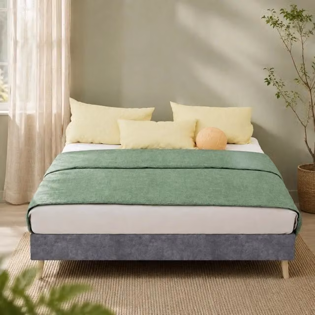 Letto matrimoniale WISHDOR moderno in tessuto e metallo grigio con testiera geometrica L/P: 140 x 200 cm