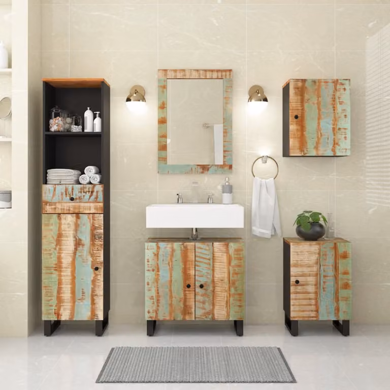 Set di mobili da bagno vidaXL in legno massello di recupero stile rustico, 5 pezzi marrone multicolore