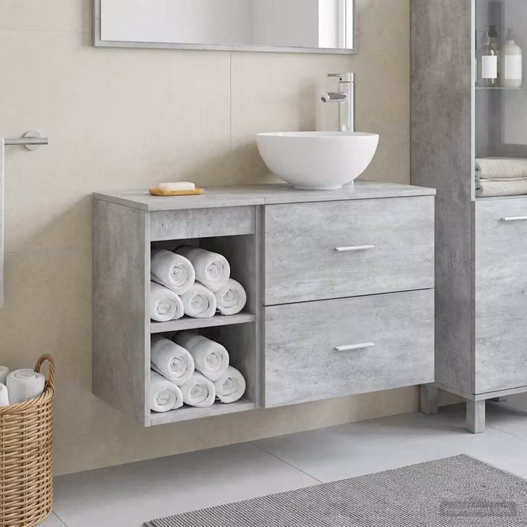 Set di mobili da bagno moderno vidaXL composto da mobile lavabo e pensile a parete in legno, Grigio opaco, L/P/H: 80,0 x 49,5 x 35,0 cm e L/P/H: 26,4 x 2.0 x 49,5 cm