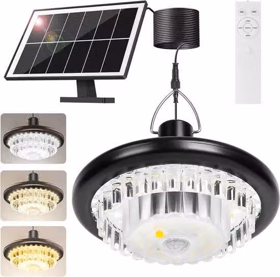 Illuminazione solare a LED con 248 LED, 3 livelli di regolazione, sensori di movimento, 3 temperature di colore, illuminazione a 360°, per giardini, garage, casette da giardino e altre applicazioni.