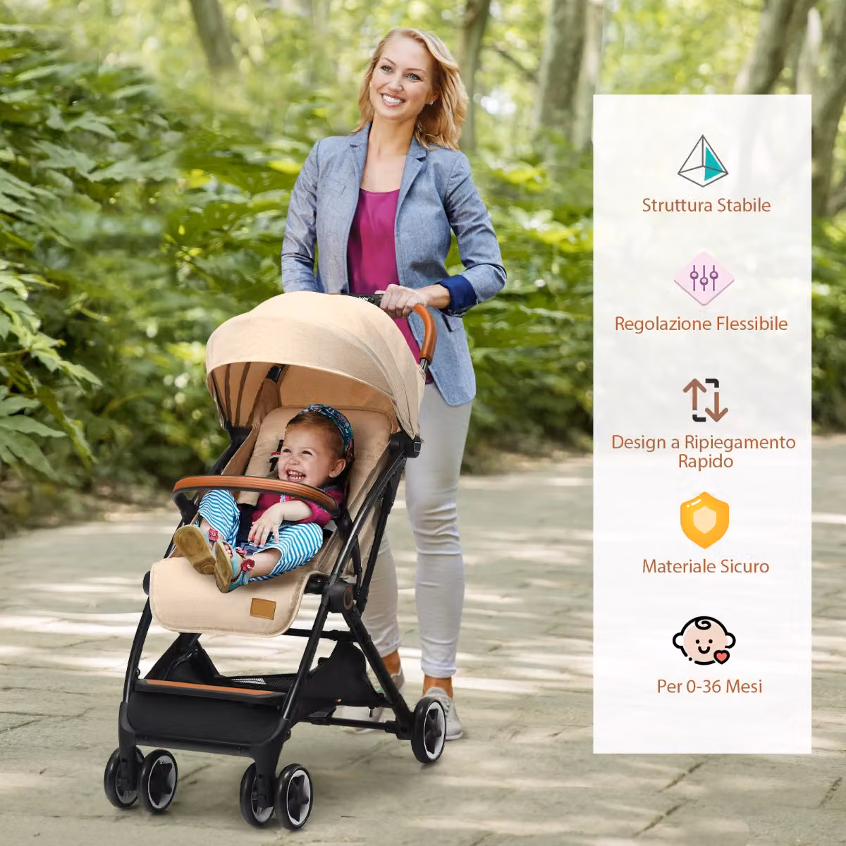 Passeggino pieghevole Costway con telaio in alluminio per bambini 0-3 anni, Beige