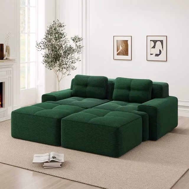 Divano modulare 204x177x69 cm senza montaggio in corduroy verde