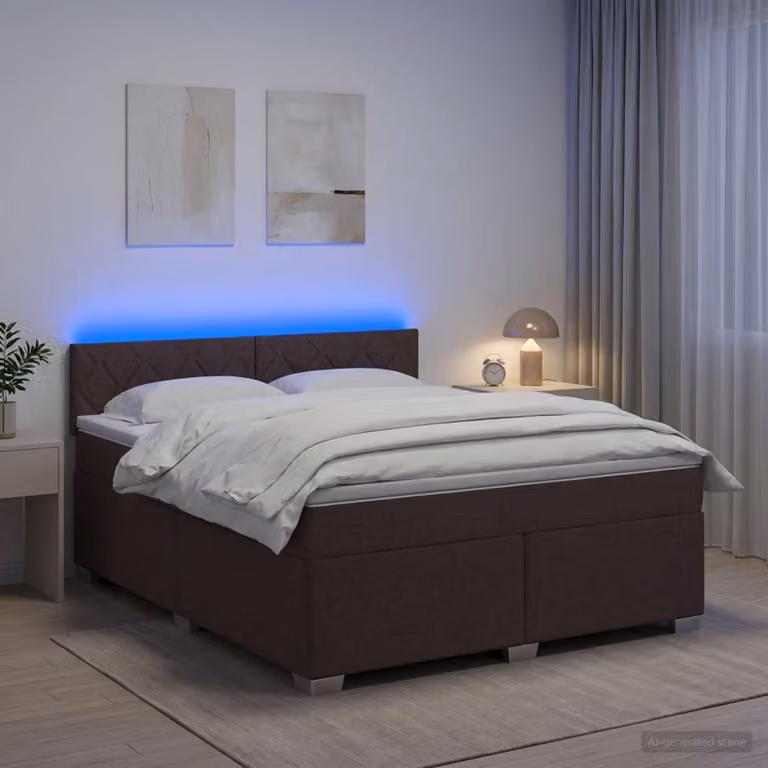 Letto con Box Spring vidaXL con Materasso Ibrido e Illuminazione LED, Marrone e Bianco, L/P: 160 x 200 cm