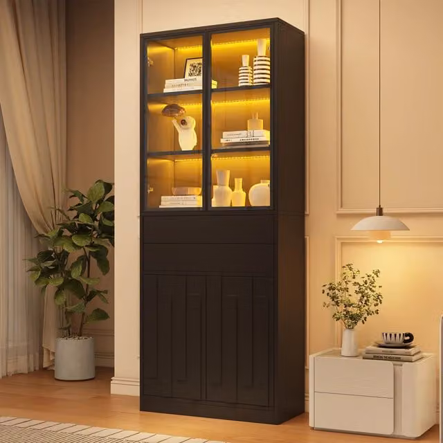Vetrina alta nera 70x34x180 cm con display LED, 2 cassetti e ante in vetro. Mobile per soggiorno, cucina, studio e ingresso