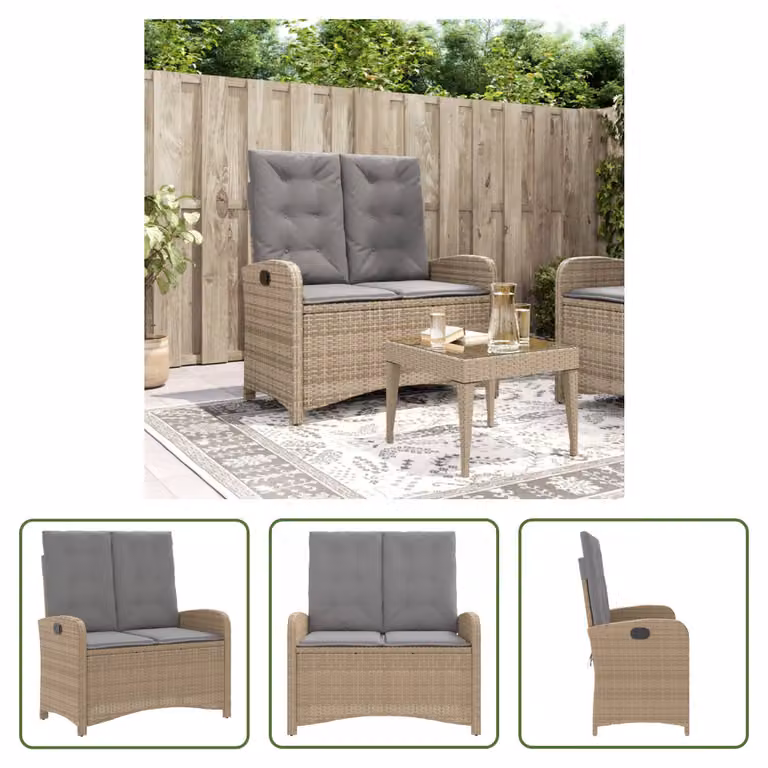 The Living Store Panca da giardino regolabile con cuscino Beige Poly Rattan