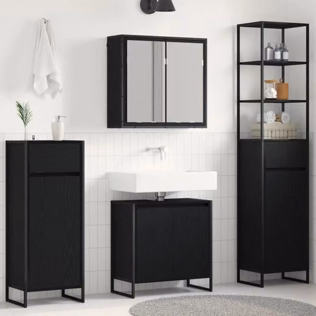 Set di mobili da bagno moderno vidaXL in legno e metallo nero e rovere con mobile lavabo e pensile a muro