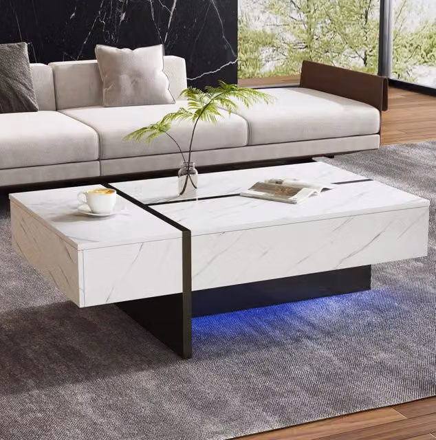 Tavolino da salotto ULEVR 105x60x35 cm con LED controllati tramite app e 3 cassetti, bianco effetto marmo