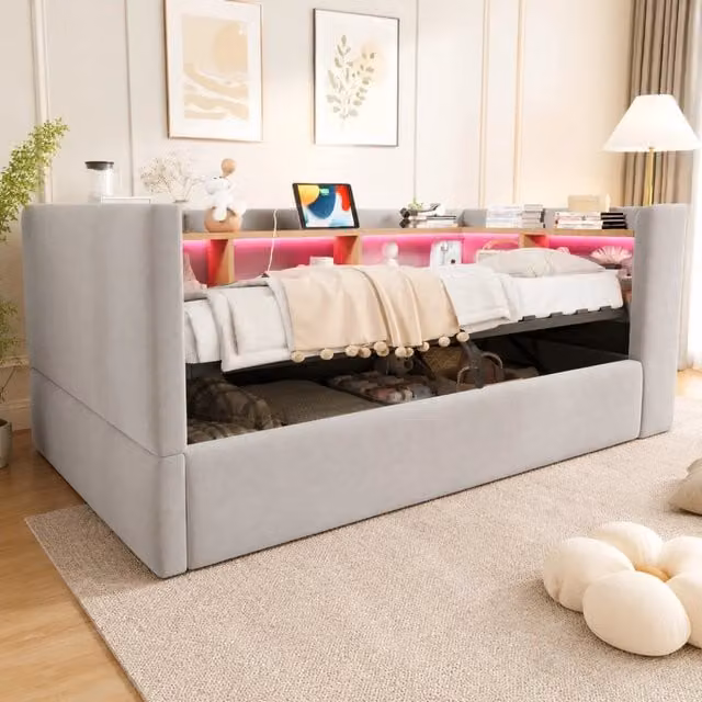 Letto divano singolo 90 × 190 cm con vano idraulico, LED, prese elettriche e mensole, senza materasso