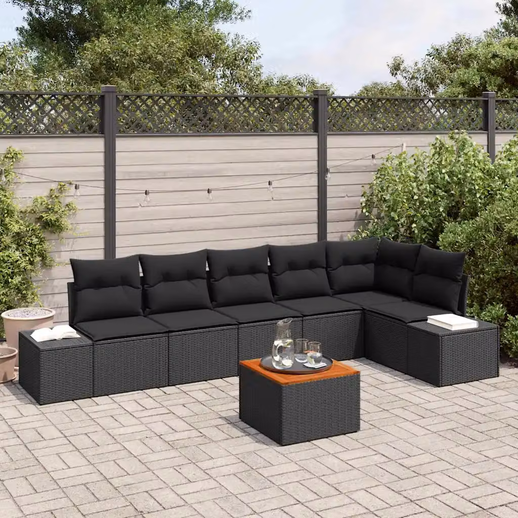 Set Divano da Giardino vidaXL a L 7 Pezzi Nero con Cuscini e Tavolino in Polyrattan e Acciaio – 1