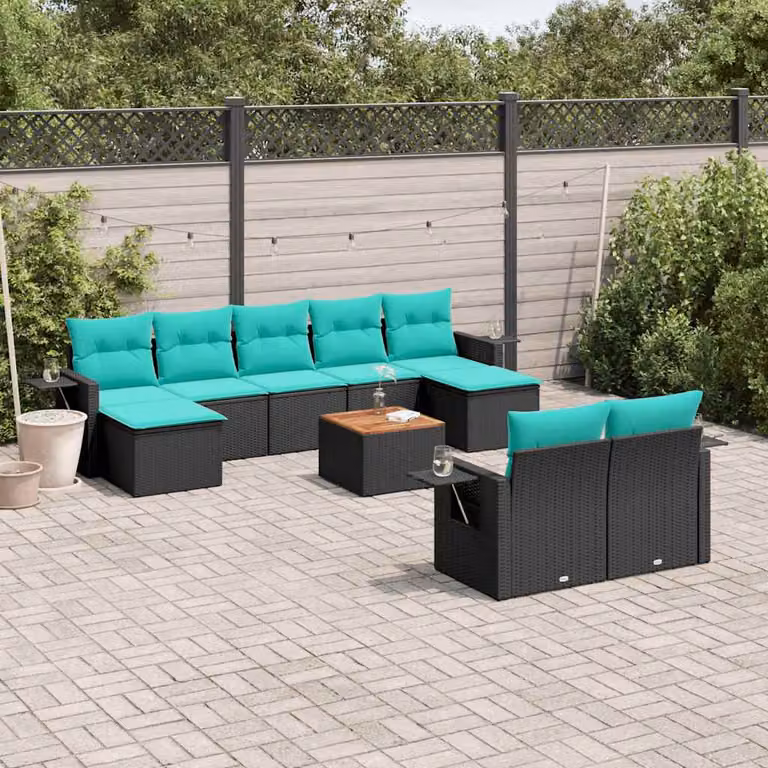 Set di divani da giardino vidaXL in polyrattan nero con 10 pezzi e cuscini inclusi