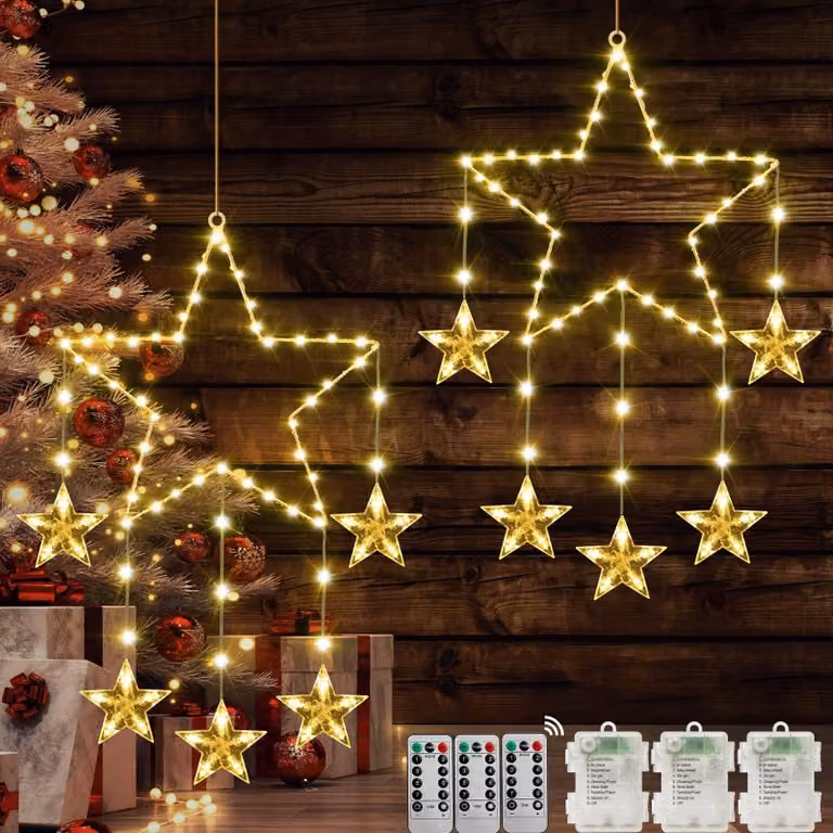 Set di 2 stelle a LED per decorazioni per finestre, 62 LED, timer, 8 modalità, luce bianco caldo