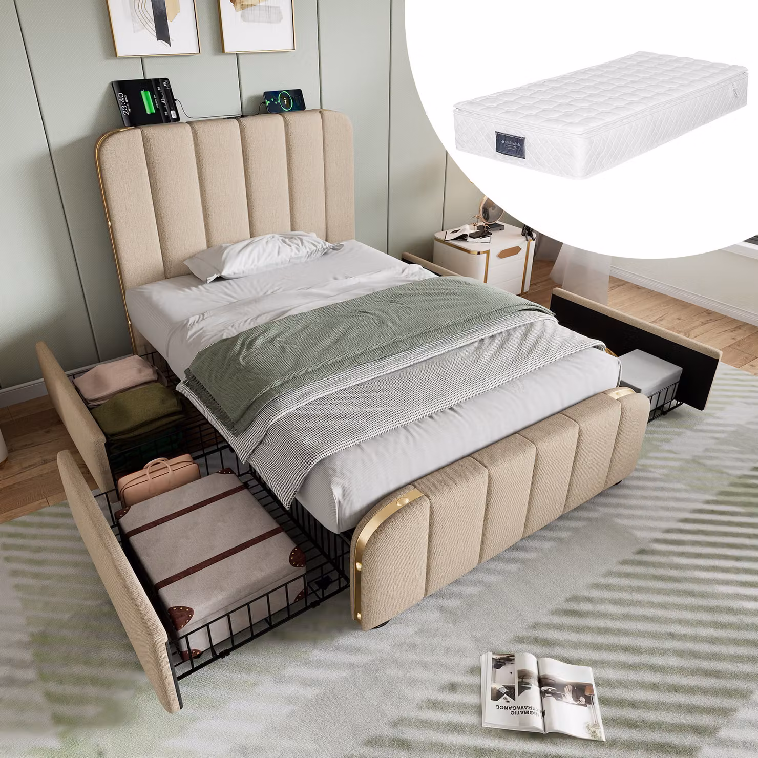 okwish Letto imbottito Letto singolo 90 x 200 cm con funzione di ricarica USB Type-C, Letto contenitore funzionale con 4 cassetti (con materasso), Beige