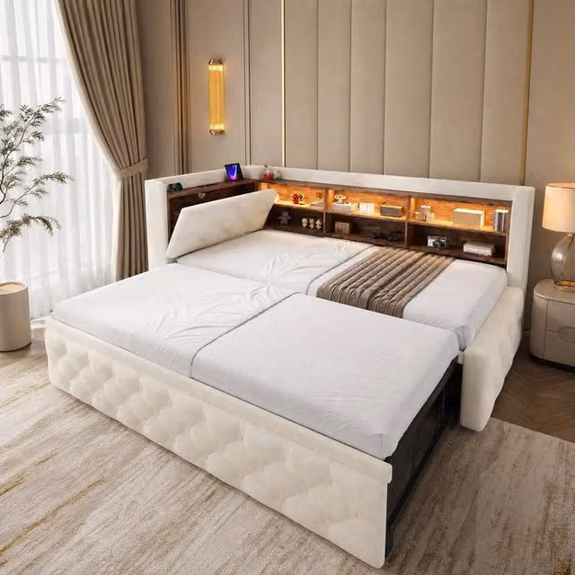 Divano letto estraibile ULEVR 90x190 cm in velluto beige con bracciolo contenitore, LED, USB e Type-C