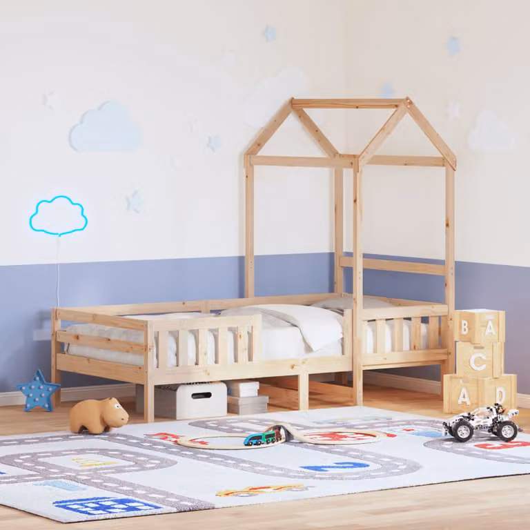 vidaXL Giroletto per bambini con struttura a casetta in legno di pino massello, colore marrone, L/P/H: 190 x 80 x 195,5 cm