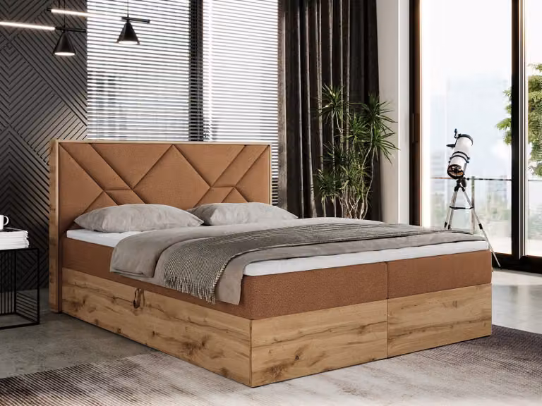 Letto boxspring 180x200 con contenitore, letto imbottito 180x200 con materasso H4, letto boxspring 180x200 con testiera, letto boxspring in legno massello - Gunar - Struttura arancione - H4