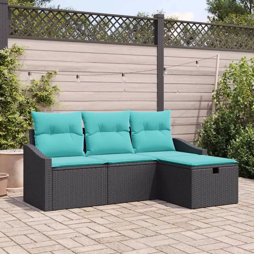 Set di divani da giardino vidaXL a forma di L con poltrone e pouf, colore nero e turchese, in rattan e metallo con cuscini inclusi