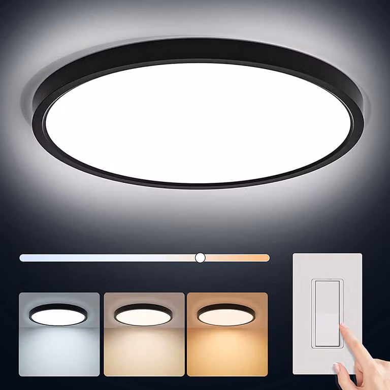 Plafoniera LED rotonda da 48 W con cambio di colore, 3 tonalità di luce, funzione memoria, per camera da letto, soggiorno, ufficio e cucina, φ50 cm, nera