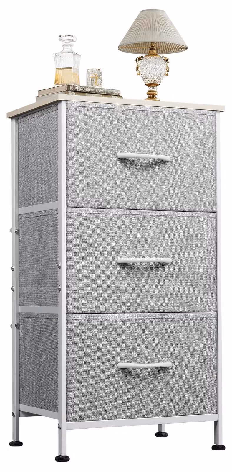 Comodino con 3 cassetti in tessuto, mobiletto contenitore per la camera da letto, comodino per il soggiorno, con struttura in acciaio robusta e piano in legno, colore grigio chiaro