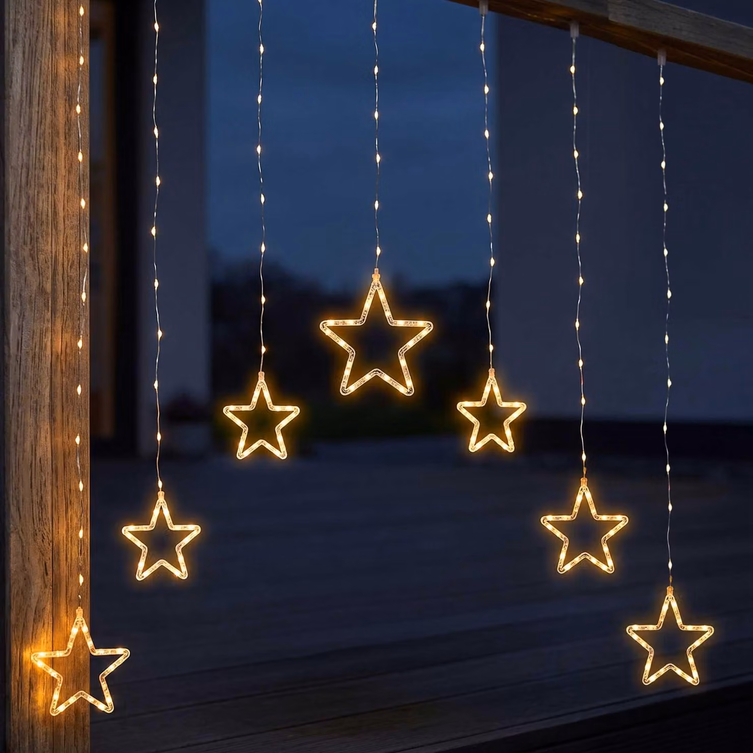 Tenda luminosa a LED a forma di stelle, luce bianca calda, con timer - 120 cm - Catena luminosa decorativa con 136 LED, adatta per interni ed esterni