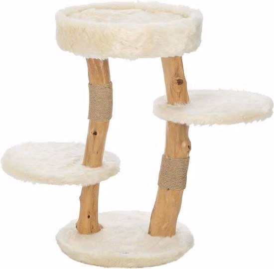 Piccolo tiragraffi a due livelli color crema con tronchi di betulla - Tiragraffi per gatti di piccola taglia con casetta - Spazio per graffiare e riposare - Robusto e confortevole