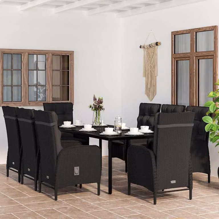 Set da pranzo da giardino vidaXL in polyrattan nero con tavolo in vetro e cuscini, 9 pezzi