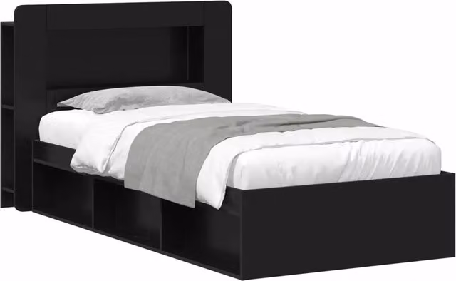 Letto singolo | Letto per adulti | Telaio del letto con storage con testiera Nero 90 x 200 cm