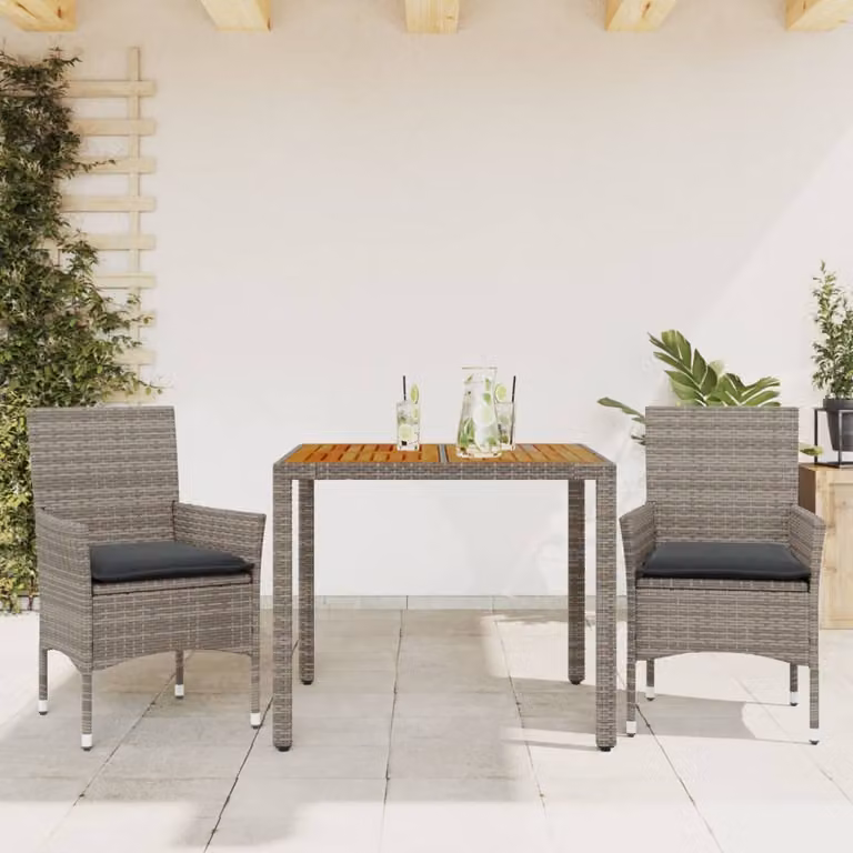 Set Pranzo da Giardino vidaXL in Polyrattan e Legno di Acacia con Cuscini, Grigio