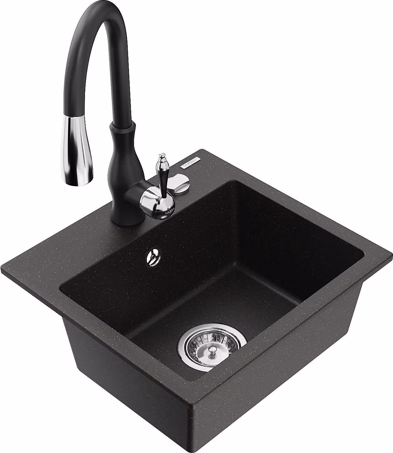 Mexen Milo lavello da cucina in granito a 1 vasca con miscelatore Savita, nero/oro metallizzato - 6505-75-672601-70
