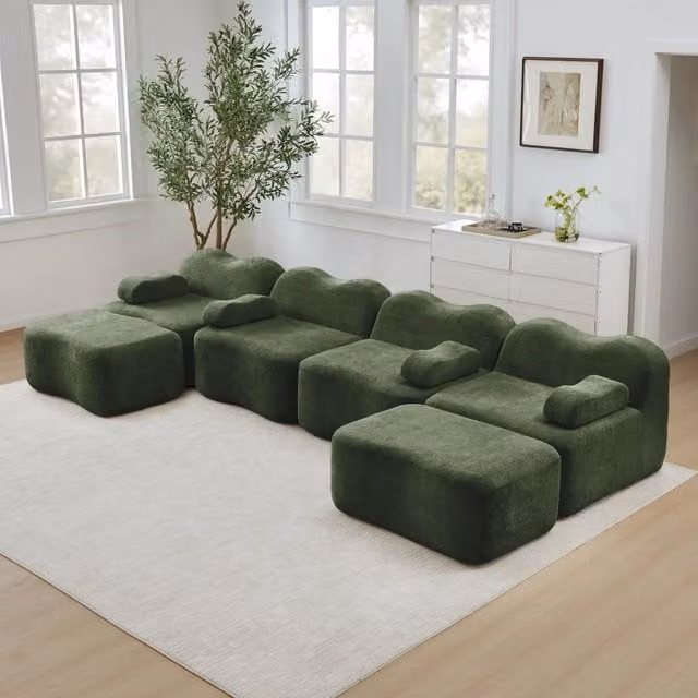 Divano Modulare a U Minimal da 4 Posti con 2 Ottoman in Tessuto Verde e Cuscini Braccioli Mobili