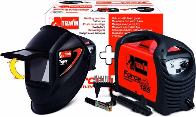 Saldatrice inverter Telwin Force 125 rossa con maschera Tiger e accessori per saldatura MMA – 1