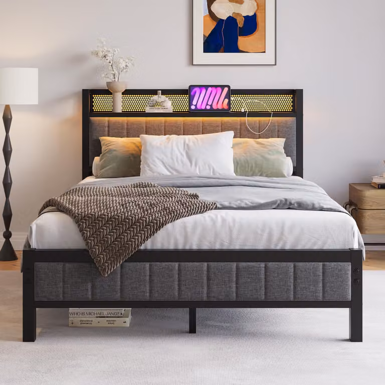 Letto matrimoniale in metallo con illuminazione a LED e stazione di ricarica, dimensioni 120x200 cm, colore grigio