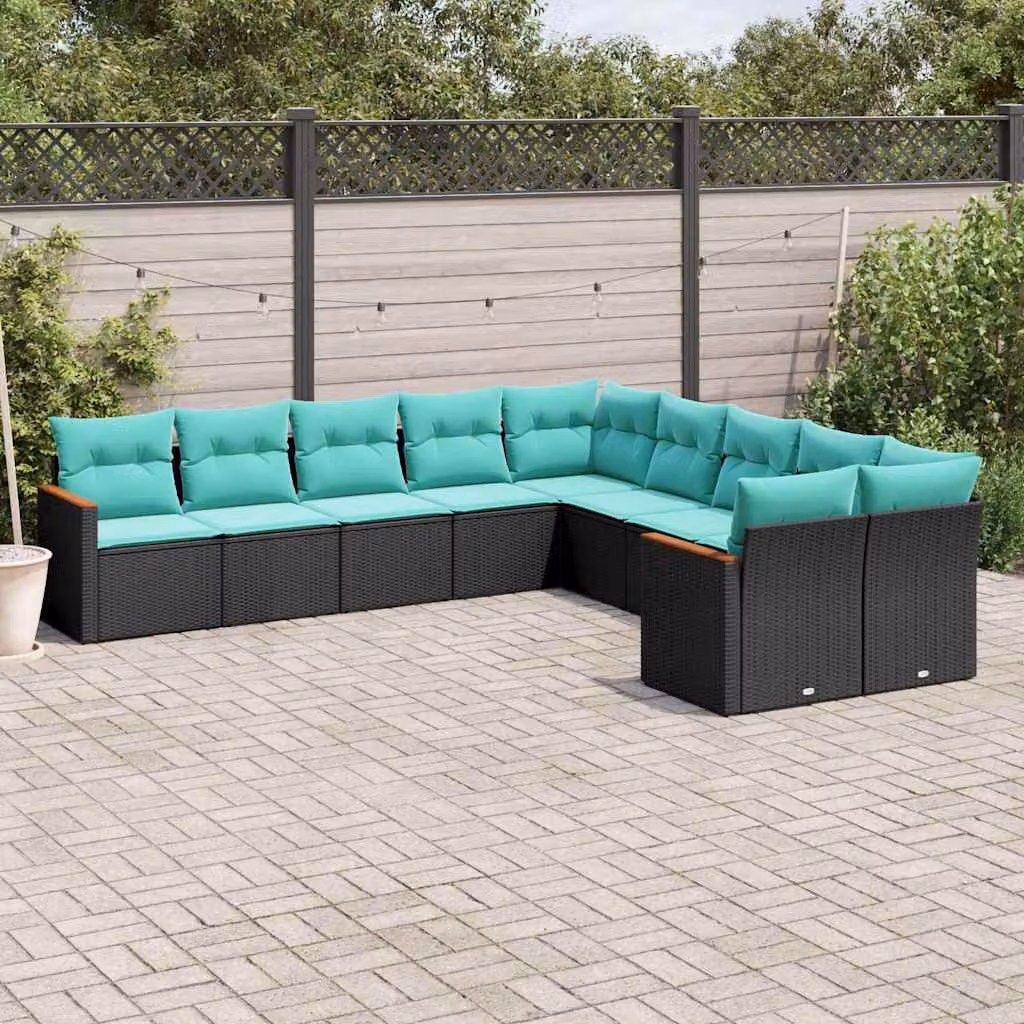 Set di divani da giardino vidaXL in polyrattan a forma di U composto da 10 pezzi con cuscini inclusi, struttura in metallo e tessuto resistente ai raggi UV, colore nero, blu e turchese