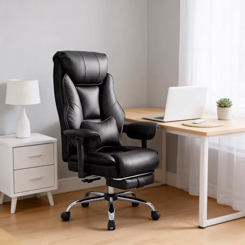 Sedia da Ufficio Ergonomica Moderna con Poggiapiedi, Braccioli e Seduta in Finta Pelle, Nero – 2