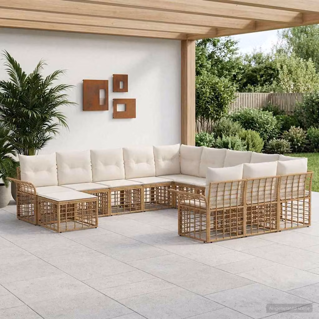 Set Divano da Giardino vidaXL 12 Pezzi a Forma di U in Polyrattan con Cuscini, Colore Naturale e Bianco Crema