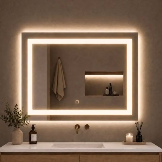 Specchio da bagno rettangolare OGOMONDO con cornice in alluminio silver, luce LED dimmerabile e interruttore touch, L: 90 cm, H: 70 cm
