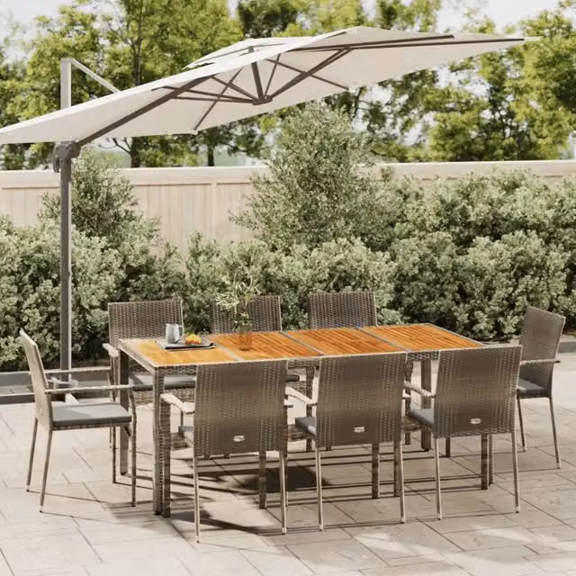 Set da Pranzo da Giardino 9 pz con Cuscini in Polyrattan Grigio 3184998