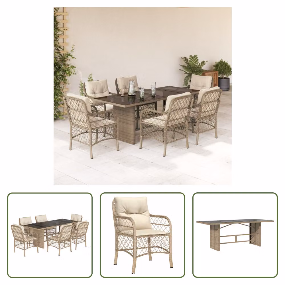 The Living Store Set da pranzo da giardino 7 pezzi con cuscini Beige poly rattan