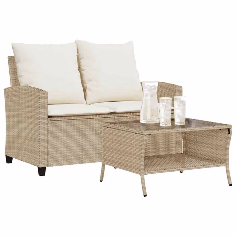 Set da giardino vidaXL composto da divano a 2 posti con cuscini e tavolino da caffè in rattan beige e struttura in metallo