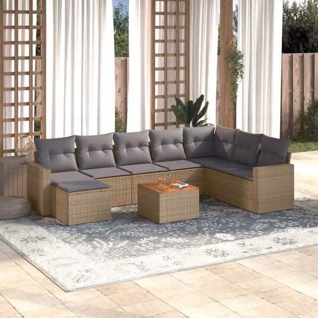 Set Divano da Giardino 9 pz con Cuscini Beige Misto Polyrattan 3256591