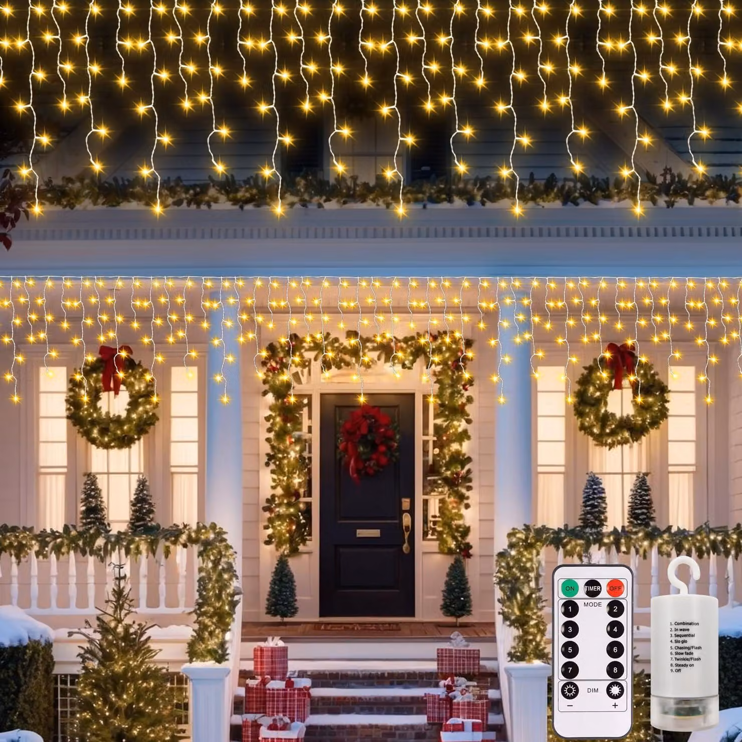 Catena luminosa a LED Eispegel, lunghezza 6 metri, 300 LED bianco caldo, con telecomando, 8 modalità, grado di protezione IP54