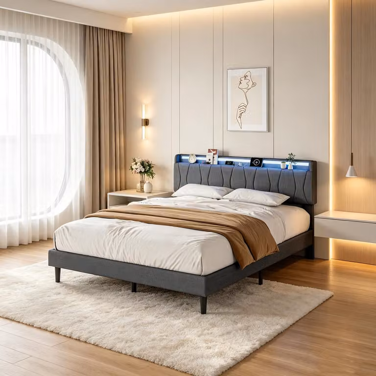 Letto con boxspring INONEFT, imbottito, 140x200 cm, con LED e stazione di ricarica. Letto con spazio contenitore sotto la struttura, letto per ragazzi, struttura letto con rete a doghe, grigio, lino