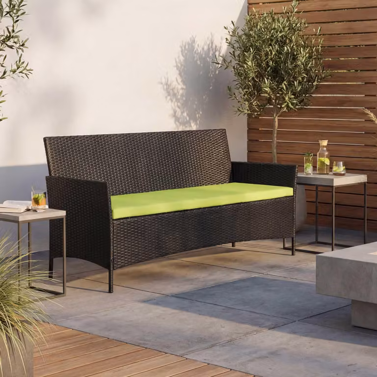 panca da giardino a 3 posti in poly-rattan Halden, panca ~ antracite, cuscini verdi